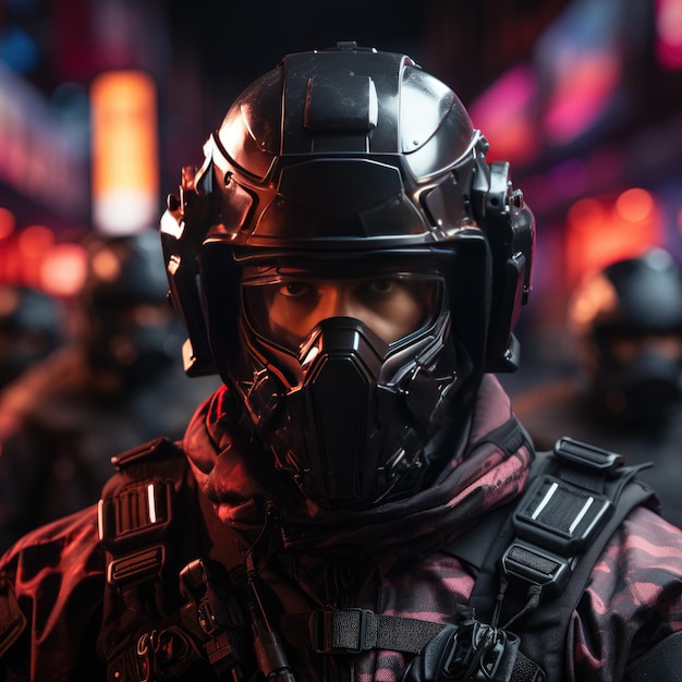 Ritratto di un ufficiale SWAT d'elite con uno sguardo intenso in brillantezza al neon