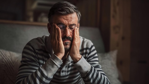 Ritratto di un uomo adulto stanco e laborioso con un maglione a righe e occhiali che strofinano la faccia con i palmi delle mani