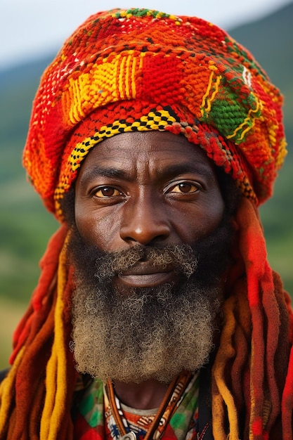 Ritratto di un uomo africano con una lunga barba e abiti multicolori