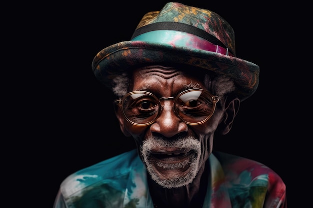 Ritratto di un uomo africano più anziano con gli occhiali e il cappello con volto emotivo ai generativo