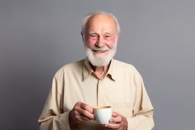 Ritratto di un uomo anziano amichevole che tiene la sua tazza di caffè vuota creata con l'IA generativa