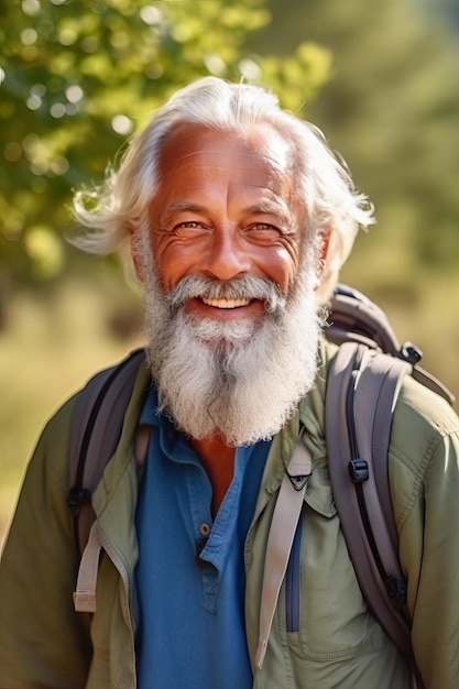 Ritratto di un uomo anziano che fa un'escursione in montagna con uno zaino che guarda l'obbiettivo e sorride