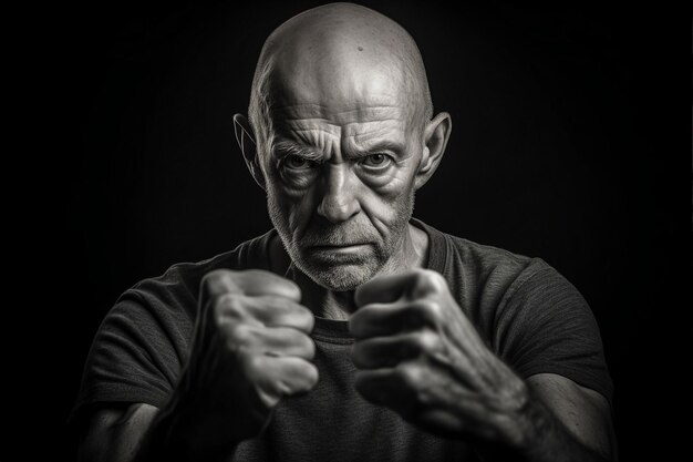 Ritratto di un uomo anziano che mostra i pugni chiusi concetto di forza e fiducia