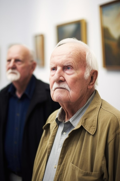 Ritratto di un uomo anziano che visita la galleria d'arte locale con il suo amico creato con l'IA generativa