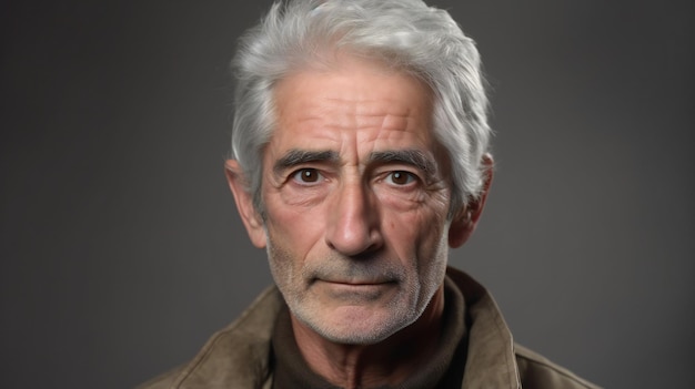 Ritratto di un uomo anziano con i capelli grigi su sfondo grigio