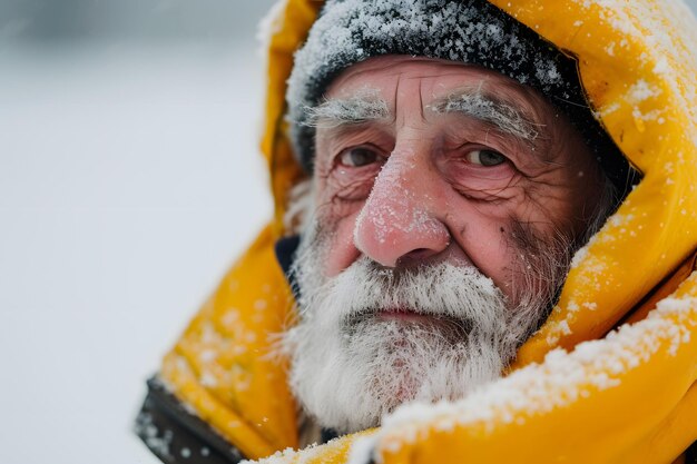 Ritratto di un uomo anziano con la barba che guarda seriamente la telecamera nella neve