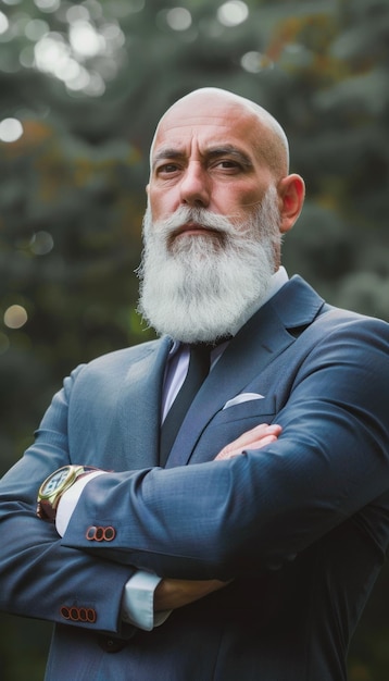 Ritratto di un uomo anziano con la barba in un abito che trasuda fiducia