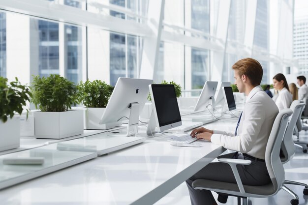 Ritratto di un uomo anziano dai capelli grigi, fondatore di un direttore d'affari che si sta concentrando sul lavoro in ufficio alla scrivania con un computer portatile