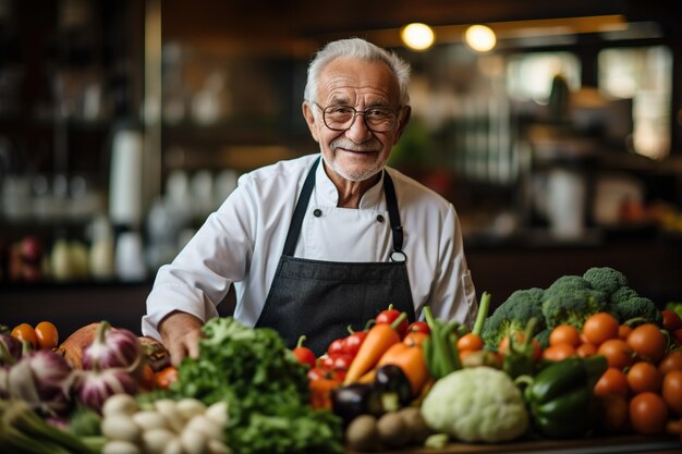 Ritratto di un uomo anziano in una cucina di un ristorante con verdure fresche