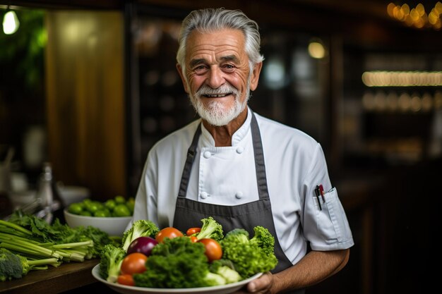 Ritratto di un uomo anziano in una cucina di un ristorante con verdure fresche