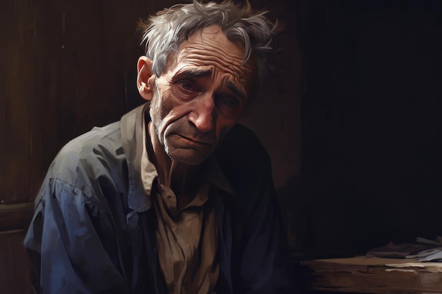 Ritratto di un uomo anziano pensieroso in scarsa luce