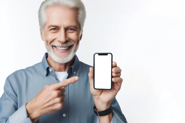Ritratto di un uomo anziano sorridente che indica uno smartphone con schermo bianco su sfondo bianco