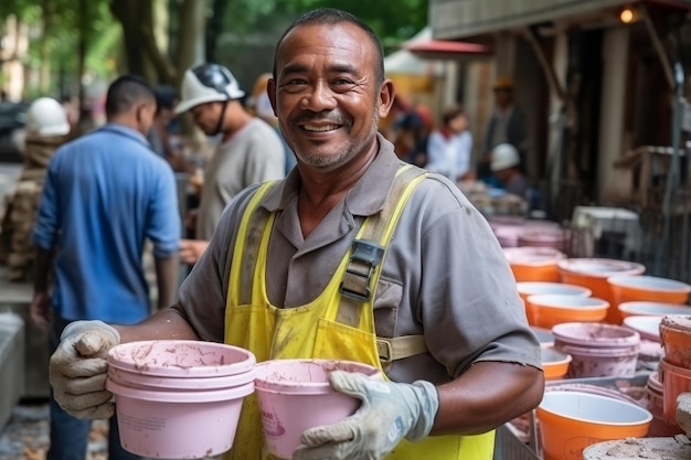 Ritratto di un uomo asiatico sorridente in tuta che esegue la costruzione di una modesta casa