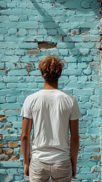 Ritratto di un uomo attraente caucasico sullo sfondo di un muro di mattoni blu