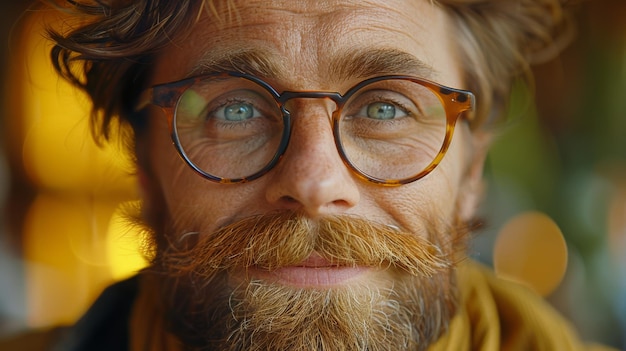 Ritratto di un uomo barbuto con gli occhiali Closeup