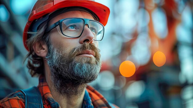 Ritratto di un uomo barbuto con un casco da costruzione e occhiali