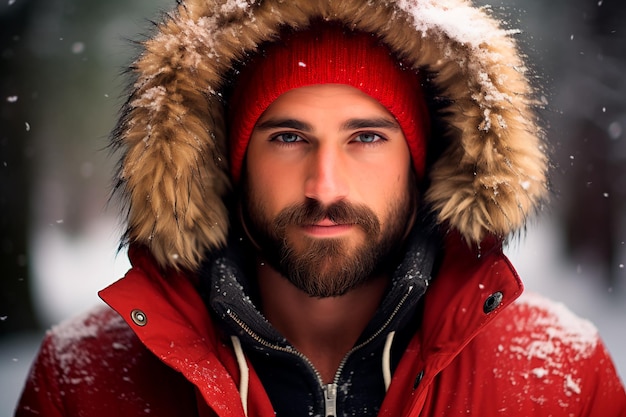 Ritratto di un uomo bello in caldi abiti invernali Concetto di inverno e freddo