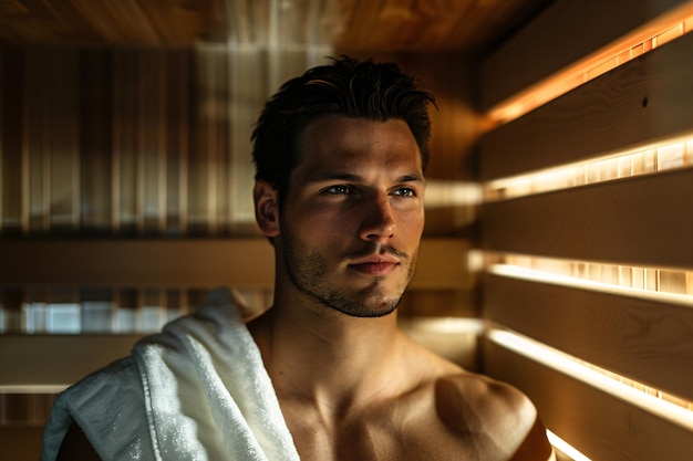 ritratto di un uomo bello nella sauna moderna