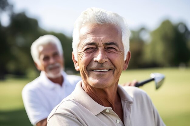 Ritratto di un uomo che gioca a golf con il suo amico sullo sfondo creato con l'IA generativa