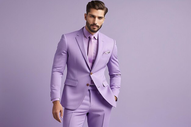 Ritratto di un uomo che indossa abiti di moda color lavanda per il colore dell'anno