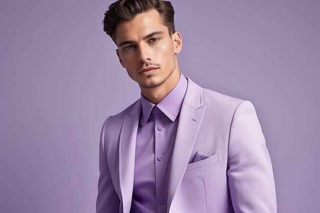 Ritratto di un uomo che indossa abiti di moda color lavanda per il colore dell'anno