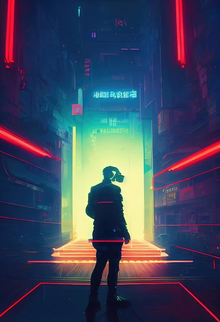 Ritratto di un uomo che indossa occhiali virtuali con cuffia cyberpunk e attrezzatura cyberpunk