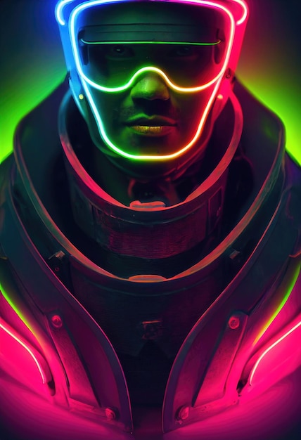 Ritratto di un uomo che indossa un auricolare cyberpunk e attrezzatura cyberpunk. Un uomo hightech del futuro.