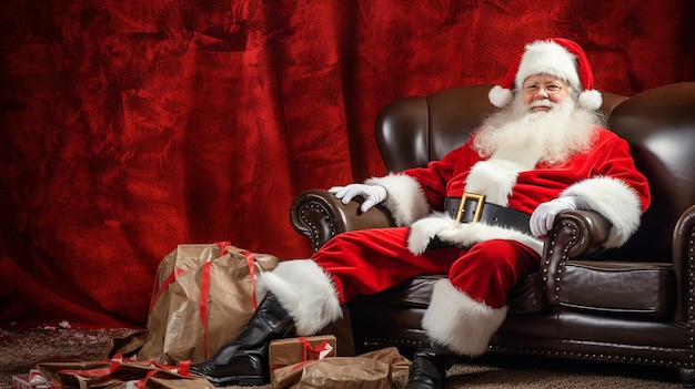 Ritratto di un uomo che indossa un costume di Babbo Natale e occhiali da sole