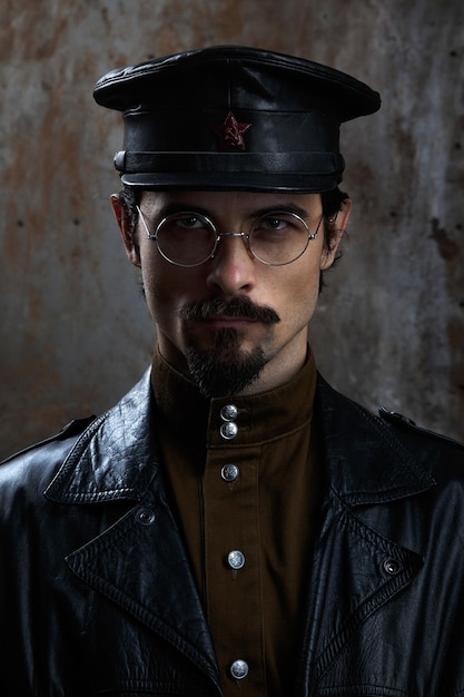 Ritratto di un uomo che indossa un costume in piedi contro il muro