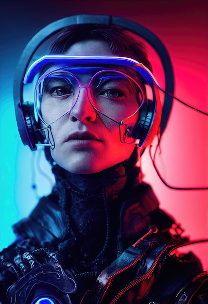 Ritratto di un uomo che indossa una cuffia cyberpunk, occhiali virtuali al neon e attrezzatura cyberpunk