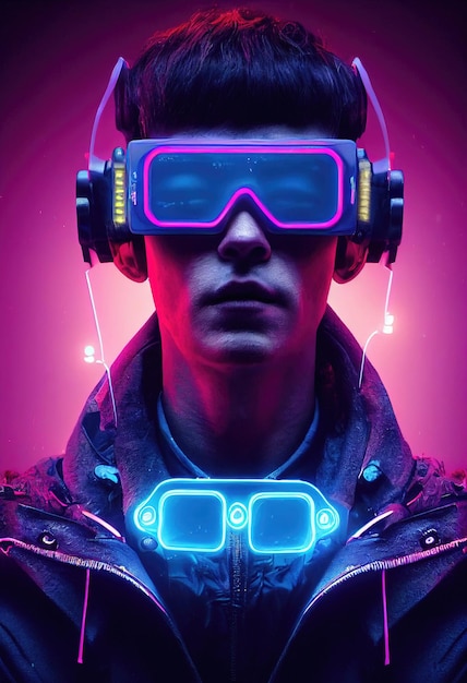 Ritratto di un uomo che indossa una cuffia cyberpunk, occhiali virtuali al neon e attrezzatura cyberpunk
