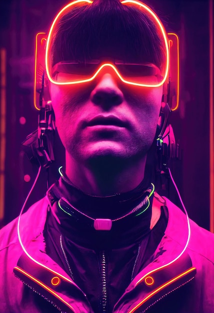 Ritratto di un uomo che indossa una cuffia cyberpunk, occhiali virtuali al neon e attrezzatura cyberpunk