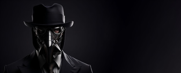 Ritratto di un uomo che indossa una maschera da dottore della peste modernizzata e un abito da uomo d'affari su sfondo nero