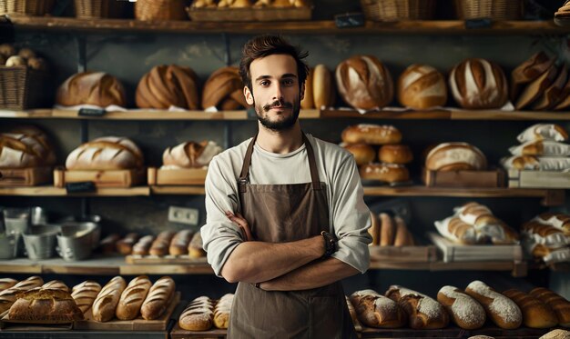 ritratto di un uomo che lavora come fornaio su uno sfondo di pane