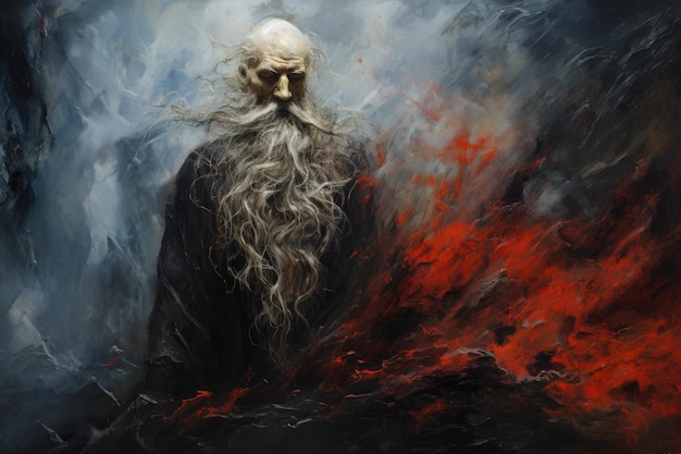 Ritratto di un uomo con lunghi capelli grigi e barba su uno sfondo di fuoco Pittura a olio con una texture altamente strutturata Generato dall'intelligenza artificiale