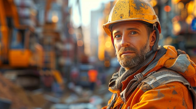 Ritratto di un uomo con un casco da costruzione su un cantiere