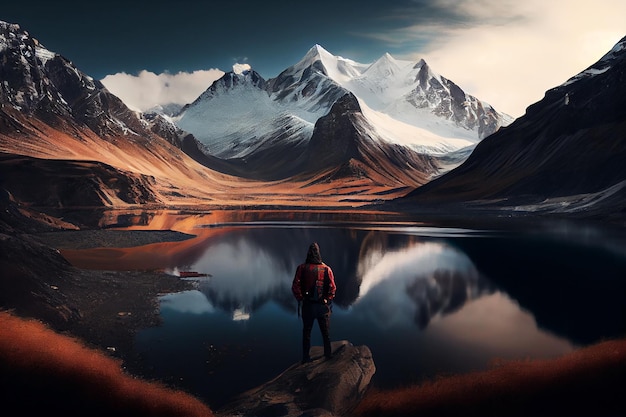 Ritratto di un uomo con uno zaino che indossa un berretto che cammina su un sentiero di montagna nebbioso e nuvoloso con uno zaino Concetto di stile di vita sano ai generativo