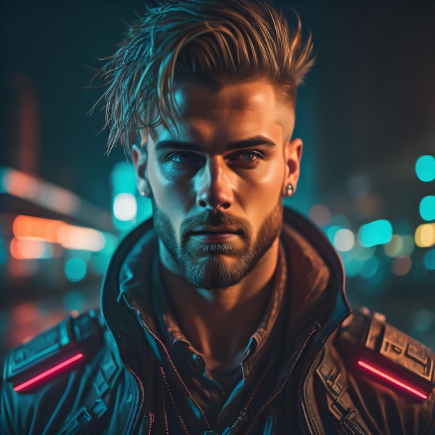 Ritratto di un uomo cyberpunk in stile futuristico e al neon