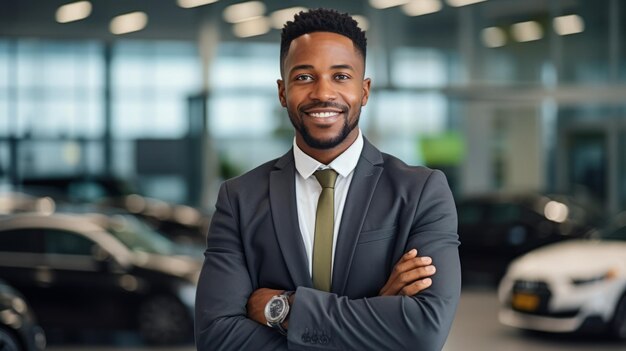 Ritratto di un uomo d'affari afroamericano di successo in abito e cravatta in piedi in una concessionaria di auto con le braccia incrociate