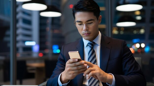 Ritratto di un uomo d'affari concentrato che legge un messaggio mobile