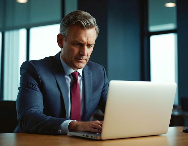 Ritratto di un uomo d'affari seduto in ufficio a lavorare con un computer portatile