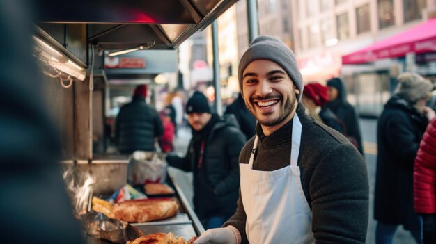 Ritratto di un uomo di 25 anni che cucina in una strada alla luce del giorno