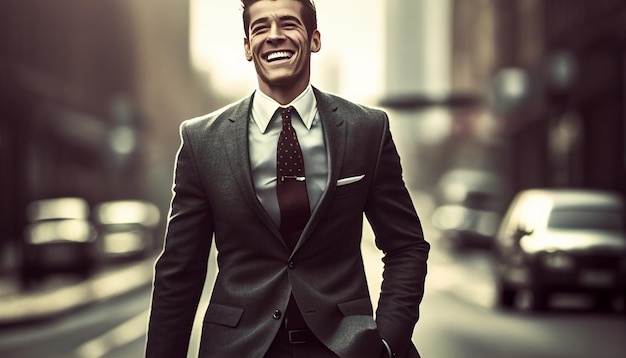 Ritratto di un uomo di sorriso in un tailleur sulla strada della città IA generativa