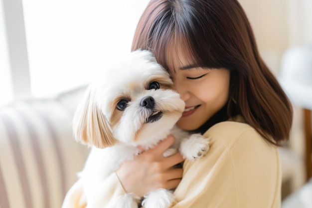 ritratto di un uomo e una donna che si abbracciano carino Shih Tzu cane concetto di animale domestico