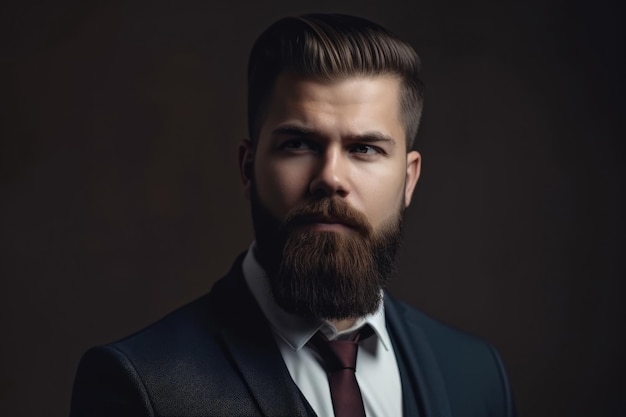Ritratto di un uomo elegante e sofisticato con una barba ben curata e lineamenti taglienti