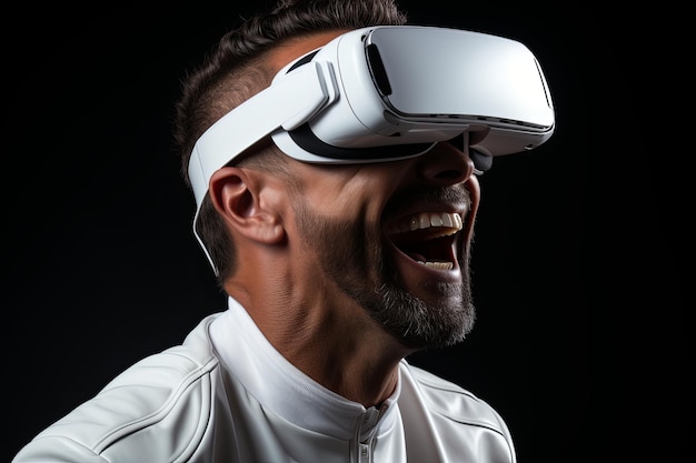 Ritratto di un uomo felice che indossa occhiali di realtà virtuale isolato su uno sfondo bianco piatto con spazio di copia modello di banner di un uomo sorridente con occhiali VR bianchi AI generativa