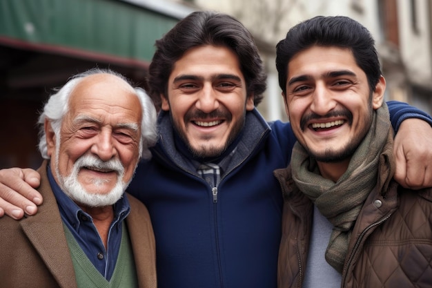 Ritratto di un uomo felice con l'anziano padre e il giovane figlio creato con l'IA generativa