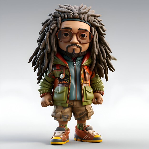 Ritratto di un uomo hippie con dreadlocks in abiti casuali 3d render