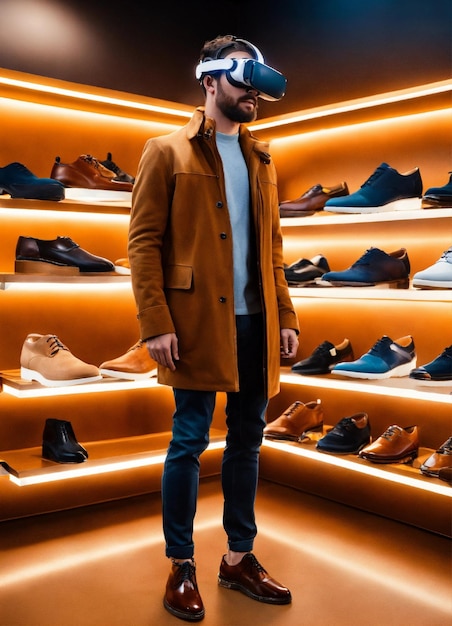 Ritratto di un uomo in un negozio di scarpe all'avanguardia con avatar di realtà virtuale che assistono i clienti Ambe
