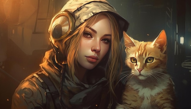 Ritratto di un uomo o una donna che vivono nel futuro con un gatto sul campo di battaglia Generativo Ai